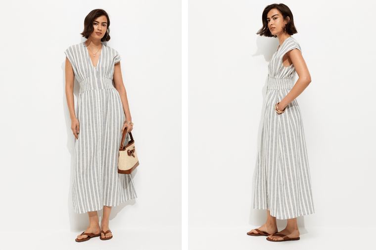 New Look blue striped V-neck midi dress is now £21 in the sale